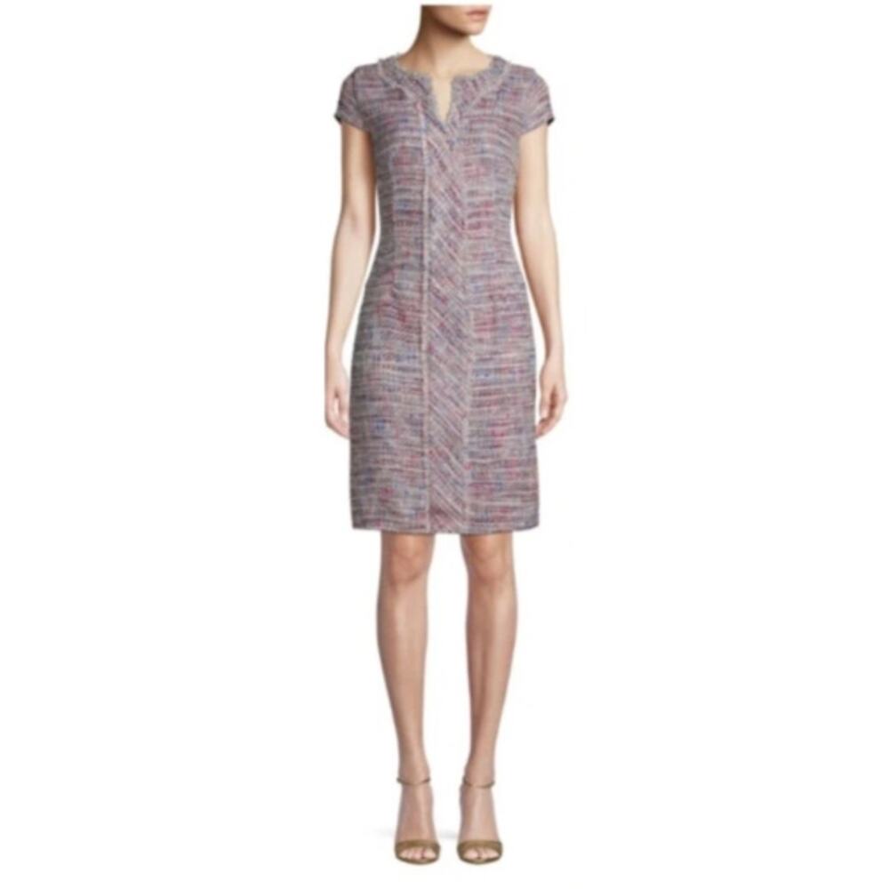 Karl Lagerfeld Short-Sleeve Split V-Neck Tweed Mini Shift Dress Purple Womens 16